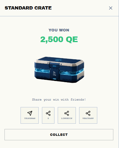 A "STANDARD CRATE" reward notification showing a "YOU WON 2,500 QE" message above a futuristic crate graphic, with share buttons for Telegram, X, LinkedIn, and WhatsApp.