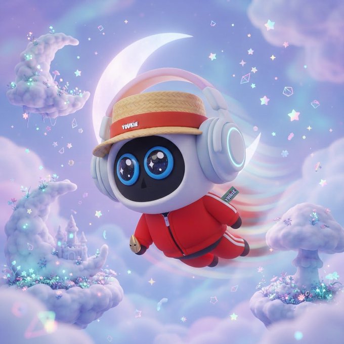 A 3D-rendered character called 'YOVKIE' wearing a straw hat, headphones, and a red tracksuit floats among pastel purple clouds and stars with a crescent moon in the background.