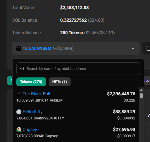 A cryptocurrency portfolio dashboard shows a total value of $2,463,112.08, featuring the "10.5M ANSEM" token holding valued at approximately $2.39M, with a token list highlighting "Cupsey" at $27,696.93—relating to the post's emphasis on HODLing $Cupsey as an interesting bottom bidder.