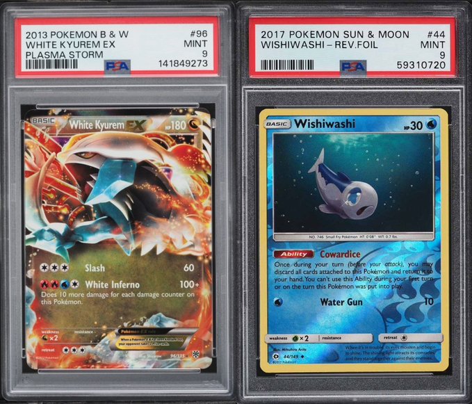Two PSA-graded Pokemon cards: a 2013 Black & White Plasma Storm White Kyurem EX #96 and a 2017 Sun & Moon Wishiwashi Reverse Foil #44, both graded Mint 9.