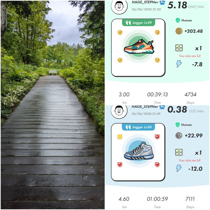 A wooden boardwalk trail through a lush green forest is shown alongside two StepN jogging activity screenshots for user HAGE_STEPner dated 26/06/2026, displaying earnings of +202.48 GST and +22.99 GMT with a Jogger sneaker leveling up from Lv29 to Lv30 and activation code 27045098.