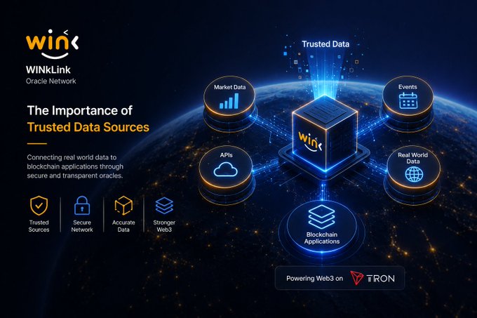 A promotional graphic for WINkLink Oracle Network highlighting 'The Importance of Trusted Data Sources' with text including 'Trusted Sources', 'Secure Network', 'Accurate Data', 'Stronger Web3', and 'Powering Web3 on TRON'.