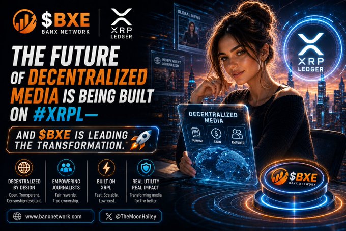 A promotional graphic featuring a woman holding a holographic "Decentralized Media" display, with text declaring "THE FUTURE OF DECENTRALIZED MEDIA IS BEING BUILT ON #XRPL—AND $BXE IS LEADING THE TRANSFORMATION," alongside $BXE Bank Network and XRP Ledger logos and feature highlights like "Decentralized by Design," "Empowering Journalists," "Built on XRPL," and "Real Utility Real Impact." The image visually reinforces the post's claim that BXE is pioneering a censorship-resistant, blockchain-powered media platform on the XRP Ledger.
