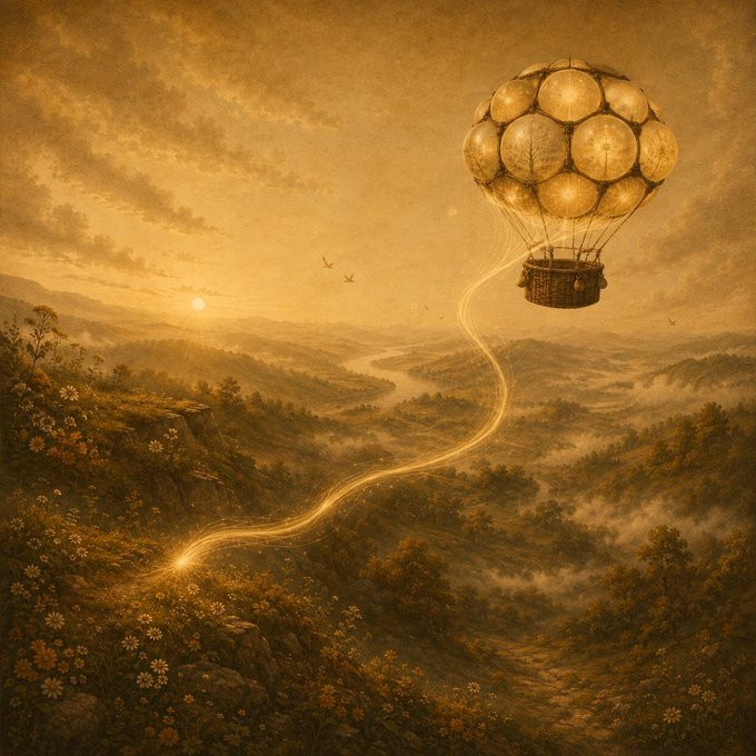 A vintage-style fantasy illustration of a hot air balloon with spherical glowing chambers floating over a misty valley landscape at sunset, with birds flying in the distance.