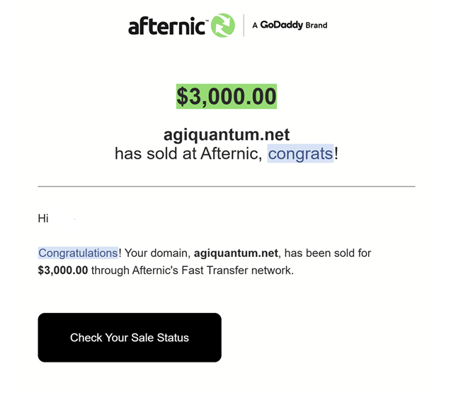 The image shows a white email with black text, which appears to be an auction for AGI Quantum. The email congratulates the seller on their successful sale of the item, stating that they have sold 1K worth of items since April. It also mentions that the seller has mainly had small sales up to 1K and that there is a massive tech layoffs happening in the market, which suggests that the trend is shifting towards brandables rather than traditional tech products. The email encourages the buyer to focus on chasing brandables in auctions as they will provide better returns compared to other options available at this time.