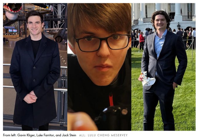 A triptych photo shows three men in separate images—identified by caption as "From left: Gavin Kliger, Luke Rattigan, and Jack Stein"—standing in formal attire, which the accompanying post associates with DOGE alumni who have launched a startup called Cathedral focused on AI military cyber operations against China.