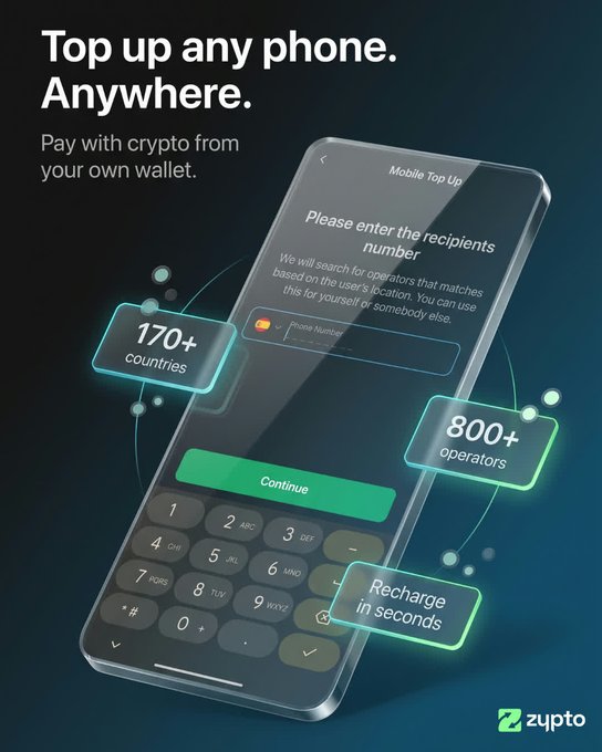 A promotional advertisement for the Zypto app reading 'Top up any phone. Anywhere.' with text about paying with crypto, highlighting '170+ countries', '800+ operators', and 'Recharge in seconds'.
