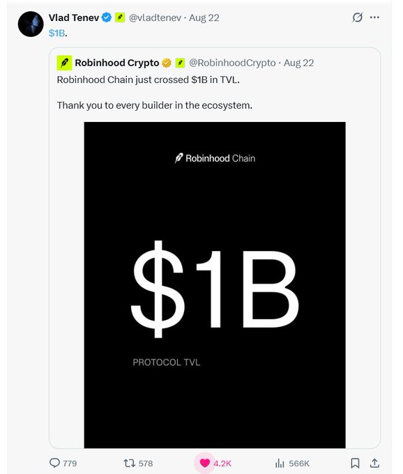 A tweet from Vlad Tenev (@vladtenev) quoting Robinhood Crypto announcing that 'Robinhood Chain just crossed $1B in TVL', featuring a black graphic with '$1B PROTOCOL TVL' and the Robinhood Chain logo.