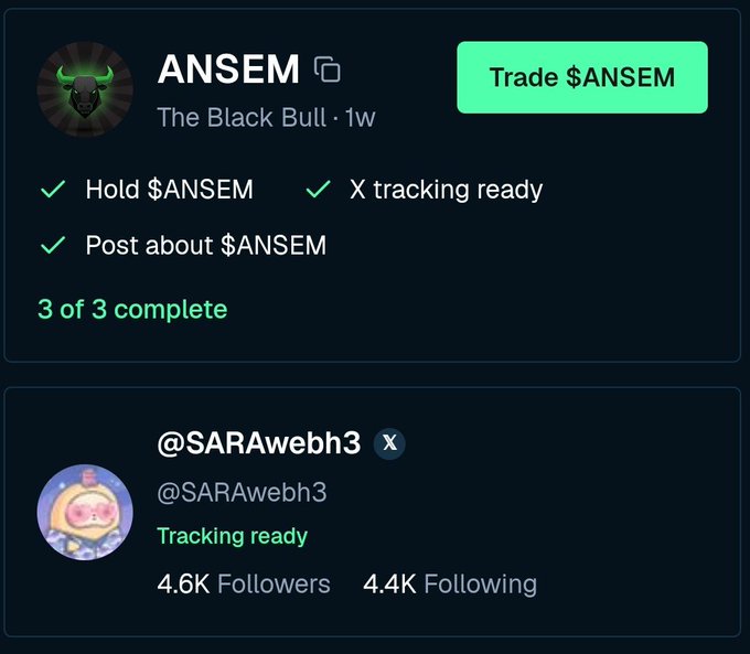 A social media profile showing 'ANSEM' as 'The Black Bull' with a 'Trade $ANSEM' button, listing 3 of 3 tasks complete, alongside a connected account '@SARAweb3' with 'Tracking ready' and 4.6K followers.