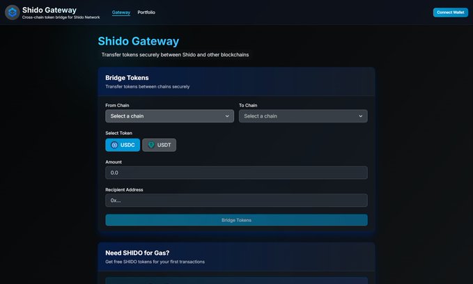 A screenshot of the Shido Gateway interface, a crypto cross-chain token bridge for Shido Network, showing fields to select chains, token (USDC/USDT), amount, and recipient address.