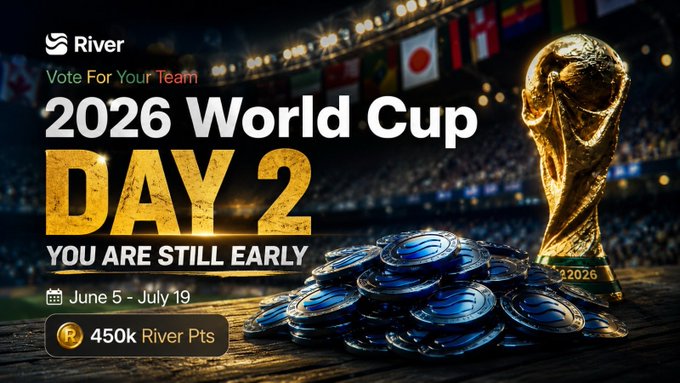 The image features a poster for the World Cup Day challenge at RiverdotInc. The poster displays a gold trophy with the text "2026 World Cup" and "Day 2", indicating that this is an event related to the World Cup. The poster also includes a stack of blue coins, which are used as prizes in the challenge. The focus on what's in the image and how it relates to the post suggests that the challenge encourages users to participate by voting for their favorite team or player from around the world. This activity helps raise funds for charity while engaging people in the World Cup event.