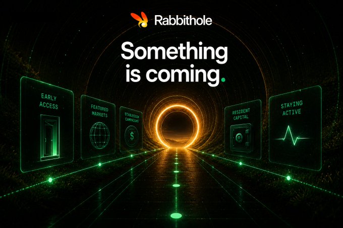 A promotional teaser image for "Rabbithole" displays the headline "Something is coming." against a glowing orange tunnel/portal flanked by five green digital panels labeled "Early Access," "Featured Markets," "Stablecoin Campaigns," "Resident Capital," and "Staying Active," visually outlining the platform's upcoming phased rollout of features for engaged users.
