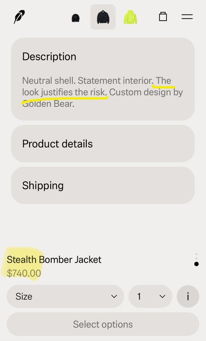 A product page from Robinhood's online shop displays the "Stealth Bomber Jacket" priced at $740.00, with the description reading "Neutral shell. Statement interior. The look justifies the risk. Custom design by Golden Bear." The yellow highlighted text underscores the description, while the post notes that Robinhood recently renamed this item from "Big Feather Bomber Jacket" to "Stealth Bomber Jacket."