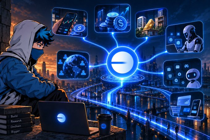 An anime-style illustration of a hooded hacker with a laptop connected by glowing lines to various icons including coins, charts, a gold bar, a robot, and a globe.