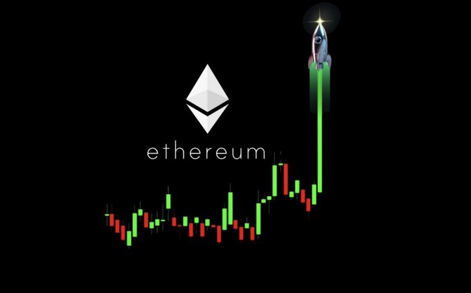 An Ethereum logo and the word 'ethereum' appear above a green and red candlestick chart with a rocket launching upward, symbolizing a price surge.