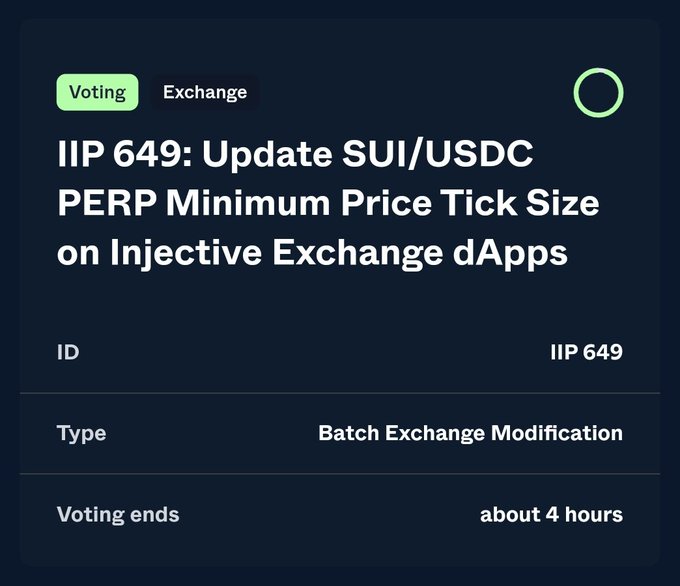 The image shows a post with text about an IP trading platform called SUI. The information provided includes details about the current price of SUI trading, including that the minimum price movement is 0.01 USDC. This is relatively large, leading to less precise pricing and wider spreads. The post also mentions IIP 649 as being live for SUI and discussing Perpetual trading. The post appears to be a brief summary or overview about SUI's features without any additional context.