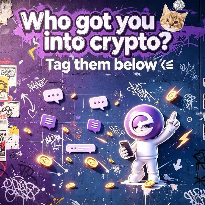 A graffiti-style promotional image with bold text "Who got you into crypto? Tag them below" features a cartoon astronaut in purple holding a phone, surrounded by floating gold coins, chat bubbles, and chat icons on a purple street-art background, with a cat peeking from the top right corner. The image visually supports the Echobit Exchange giveaway post by encouraging users to tag friends and participate in the 30 USDT airdrop contest.