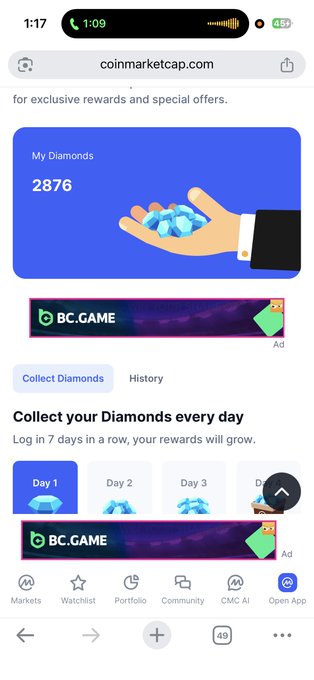A mobile screenshot of coinmarketcap.com showing a "My Diamonds" balance of 2876 with a prompt to "Collect your Diamonds every day."