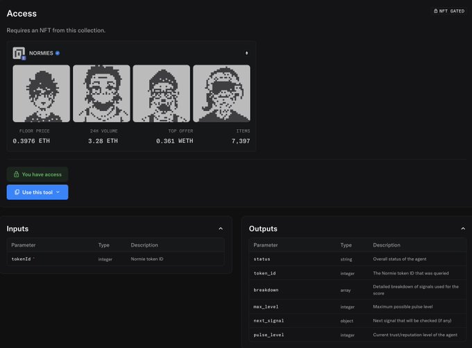 An NFT-gated access interface for the 'Normies' collection showing a floor price of 0.3976 ETH, 24h volume of 3.28 ETH, and 7,397 items, with input/output API parameters listed below.