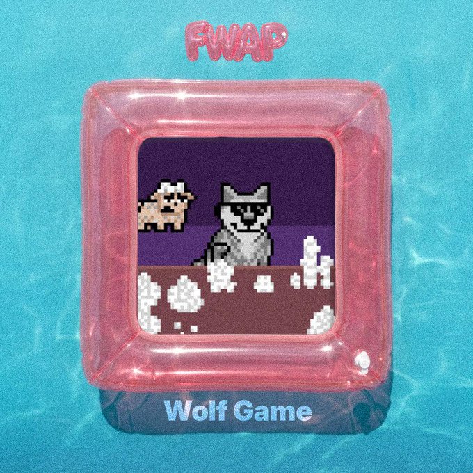 A promotional graphic for 'FWAB' featuring a pink inflatable pool float set against a blue water background, with a pixel-art image of a wolf and another animal displayed in the center, labeled 'Wolf Game'.