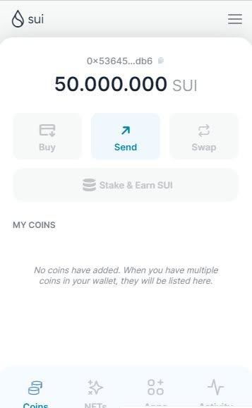 A screenshot of a Sui wallet showing a balance of 50.000 SUI (address 0x53645...db6) with Buy, Send, and Swap options, supporting the caption's joke about holding 50M testnet SUI while having nothing on mainnet.