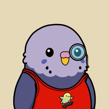 A digital illustration of a purple pigeon character wearing a red tank top with a small yellow chick on a skateboard, featuring a monocle over one eye, against a plain beige background.