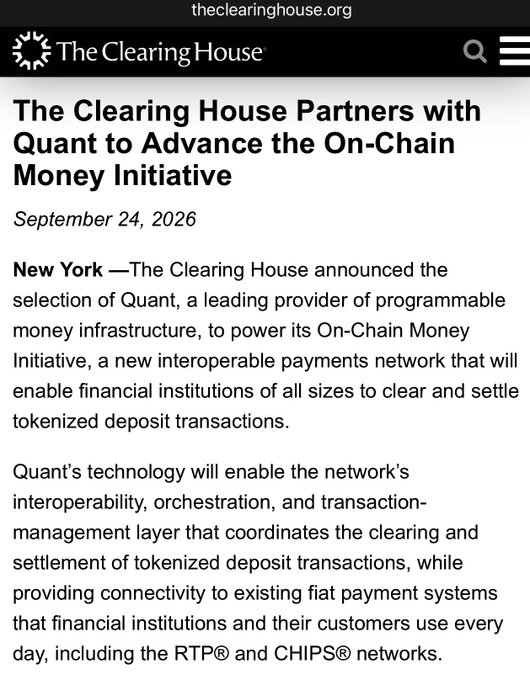 A news article from theclearinghouse.org dated September 24, 2026, titled 'The Clearing House Partners with Quant to Advance the On-Chain Money Initiative'.