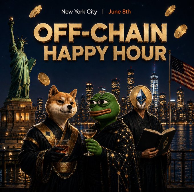 The image features a poster for an event called "Off-Chain Happy Hour", which appears to be related to Bitcoin or cryptocurrency. There are three people standing next to each other, with two of them wearing costumes that resemble Shiba Inu dogs (a type of dog breed). One person is holding a book and another has a drink in their hand. The poster also includes an image of the Statue of Liberty and the New York City skyline at night.