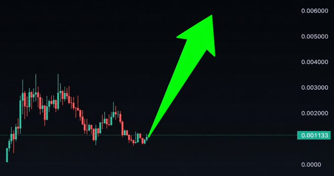 A cryptocurrency candlestick chart shows price action around 0.001133 with a large green arrow pointing sharply upward toward 0.005000, visually promoting the post's boast about massive 700x-9000x gains from memecoin calls like $SI, $PONS, $ZCAT, and $CATE, and teasing another 100x+ opportunity.