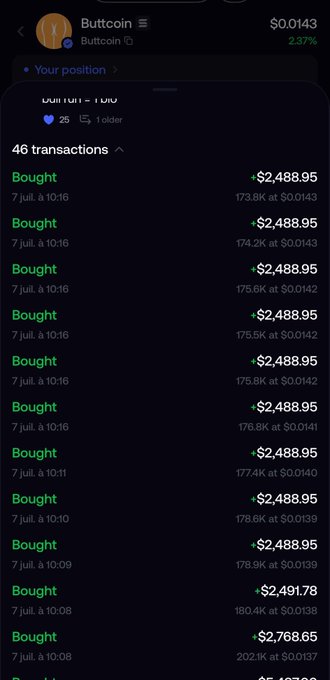 A Bullpen trading interface for 'Buttcoin' showing 46 buy transactions ranging from $2,488.95 to $2,768.65 between 10:08-10:16 on Jul 7, with the token priced at $0.0143.