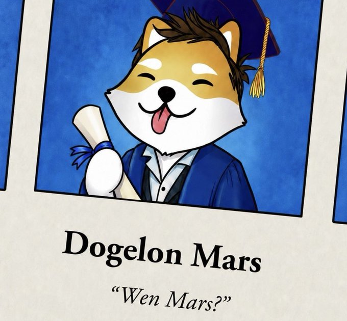 A cartoon Shiba Inu dressed in graduation attire, labeled "Dogelon Mars" with the caption "Wen Mars?", humorously styled as a yearbook photo from "Olympus Mons Highschool circa 2433."