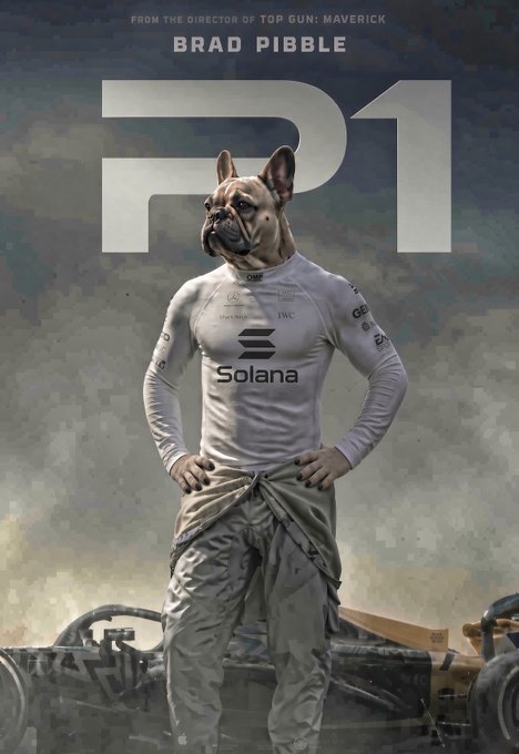 A promotional poster for "F1" parodies a racing film, featuring an AI-generated French Bulldog in a white racing suit with "Solana" branding, with text reading "FROM THE DIRECTOR OF TOP GUN: MAVERICK" and "BRAD PIBBL."