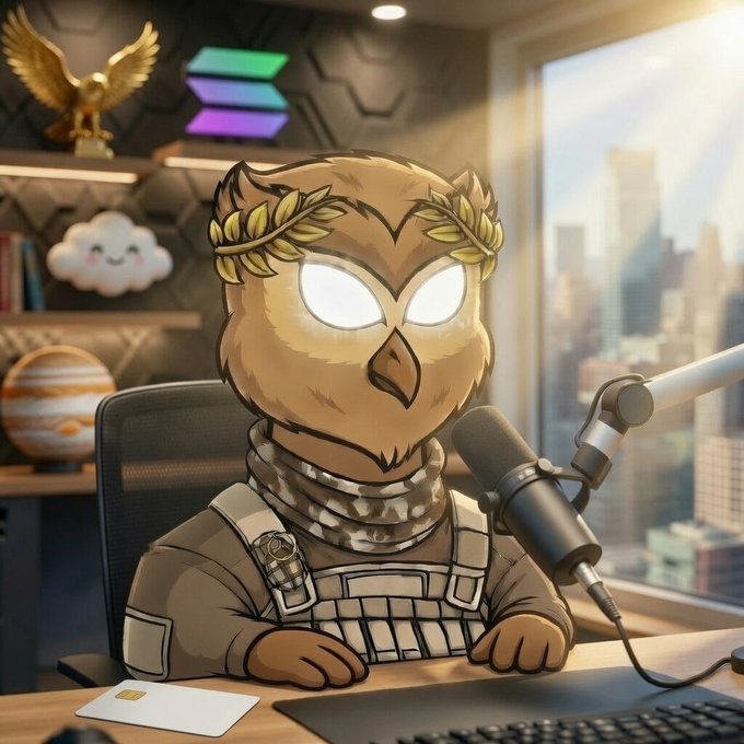 An illustrated cartoon owl character wearing a tactical vest and a laurel wreath sits at a desk with a microphone in a modern streaming/podcast studio setup, with a city skyline visible through the window.