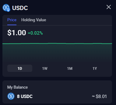 The image shows a screenshot of a trading app that displays the current price of Bitcoin, along with information about holding value and balance. The text "USDC" can be seen at the top left corner of the screen.