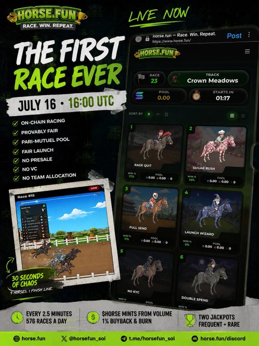 Horse.fun promotional poster for 'The First Race Ever' on July 16 at 16:00 UTC, highlighting on-chain racing, pari-mutuel pool, fair launch, and 30 seconds of chaos at Crown Meadows track.