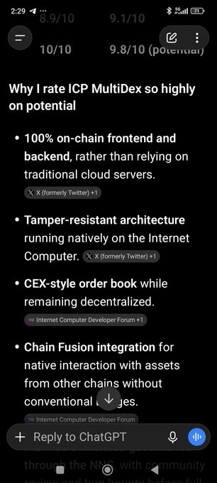 A screenshot of a ChatGPT response titled "Why I rate ICP MultiDex so highly on potential," with bullet points detailing features like 100% on-chain frontend, tamper-resistant architecture, CEX-style order book, and Chain Fusion integration.