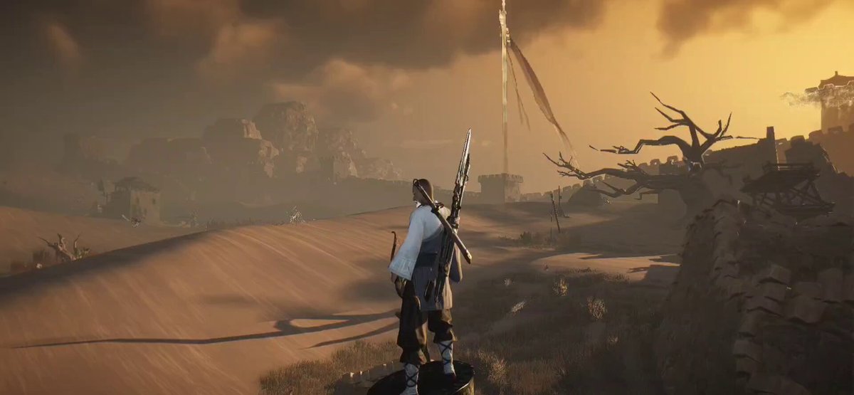 The image features an illustration of a person dressed in white, holding two swords while standing atop a cliff overlooking a desert landscape with mountains in the background. The scene appears to be set during sunset or sunrise, adding a sense of tranquility to the overall atmosphere. The caption provided in the image is related to a post on social media, likely discussing the game "I'M BACK guys was gaming for a bit Where Winds Meet is such a cool game Back for the @monad NFTs x @4uaicrypto grind".
