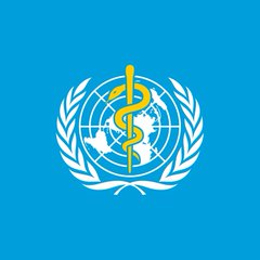 A blue flag featuring a white emblem of a rod of Asclepius surrounded by olive branches, representing the World Health Organization (WHO).