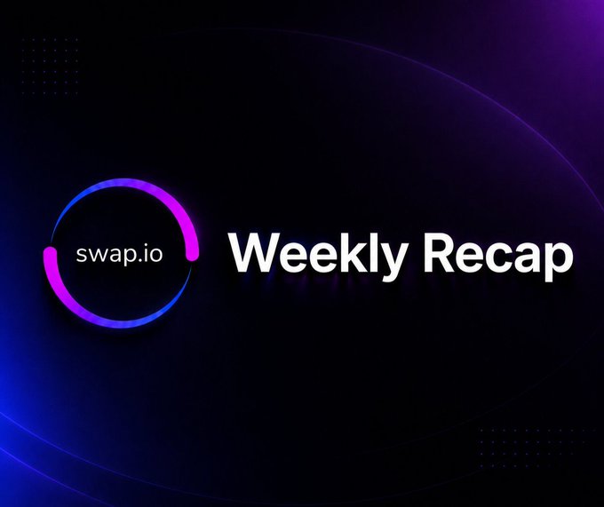 A digital banner with a dark purple and blue gradient background features the swap.io logo and the text 'Weekly Recap' in large white letters.