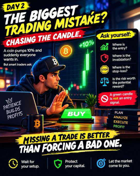 A graphic poster titled 'DAY 2 THE BIGGEST TRADING MISTAKE? CHASING THE CANDLE' warns against buying after a sudden pump, advising traders to ask about entry, invalidation, and stop-loss, with the message 'MISSING A TRADE IS BETTER THAN FORCING A BAD ONE.'