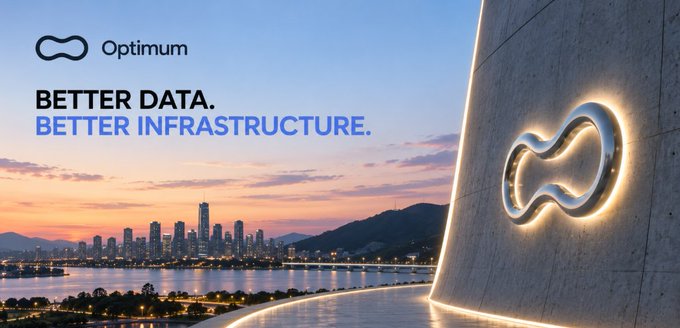 An Optimum brand advertisement with the tagline 'BETTER DATA. BETTER INFRASTRUCTURE' showing a cityscape at dusk with a large illuminated infinity-style logo on a curved concrete wall.