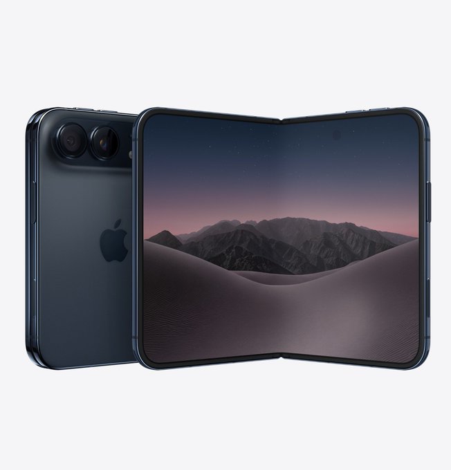 A partially folded Apple foldable smartphone, branded "iPhone Duo," is displayed against a white background, showing its hinge mechanism and an interior screen with a mountain landscape wallpaper. The image relates to the post's comparison question, presenting the "iPhone Duo" option alongside the unshown "Galaxy Z Fold8" for consideration as the user's preferred folding phone.