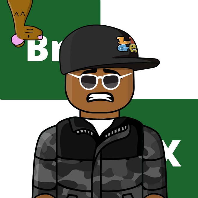 A cartoon-style drawing of a person wearing a black cap with an LG logo, white sunglasses, and a camouflage puffer jacket, with a small upside-down cartoon character in the corner and a green background with partial white text.
