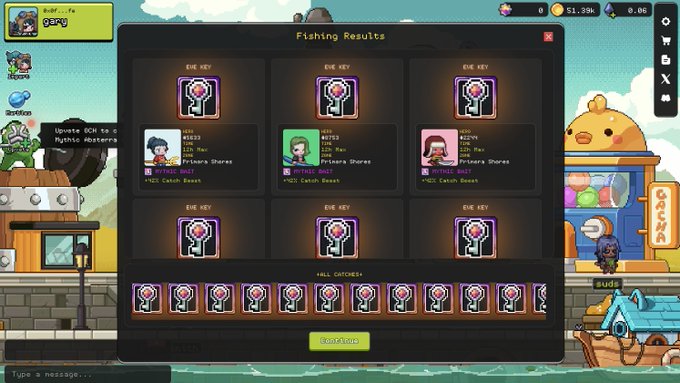 The image shows a computer screen displaying a game interface with various options for players, including "Fishing", "Gud Quants", "MOG", "get marbles", and "get XP". The focus of the game appears to be on fishing, as indicated by the text "Go fishing" in the top left corner. The player's goal is to collect marbles and gain XP points for their character or team.