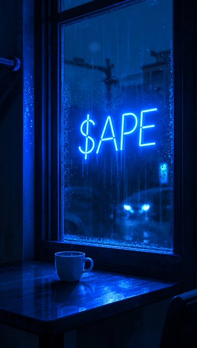 A moody blue-lit scene shows a neon sign reading '$APE' glowing through a rain-streaked window at night, with a coffee mug sitting on the wet windowsill below.