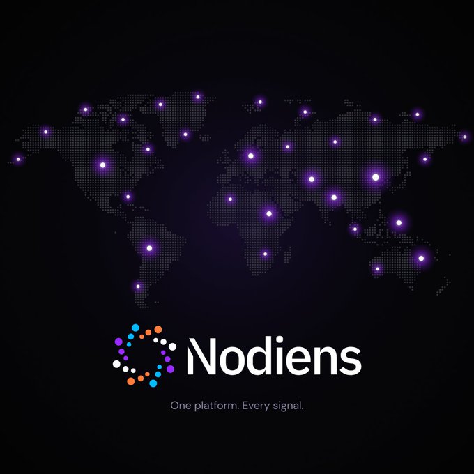A dark graphic displays a purple world map dotted with glowing nodes above the logo "Nodiens" and the tagline "One platform. Every signal."