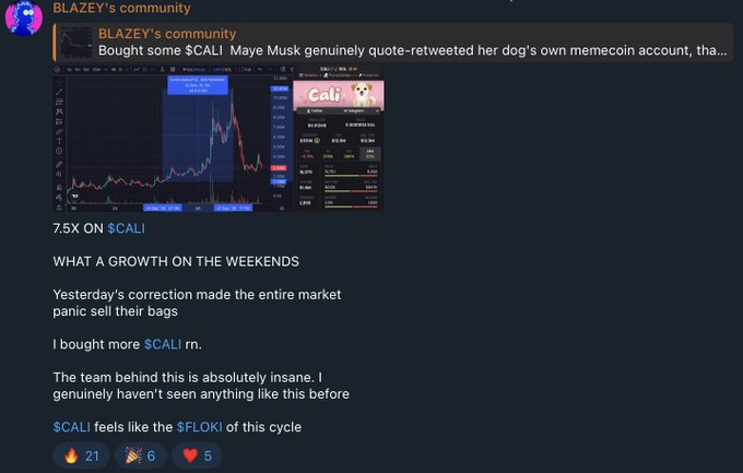 A Discord post from "BLAZEY's community" announces a 7.5X gain on $CALI, featuring a meme referencing Elon Musk quote-retweeting a dog-themed memecoin, alongside a price chart displaying a peak near $11.5M before a correction, visually supporting the accompanying post's claim of catching $CALI early and riding its volatile rebound after a sharp flush.