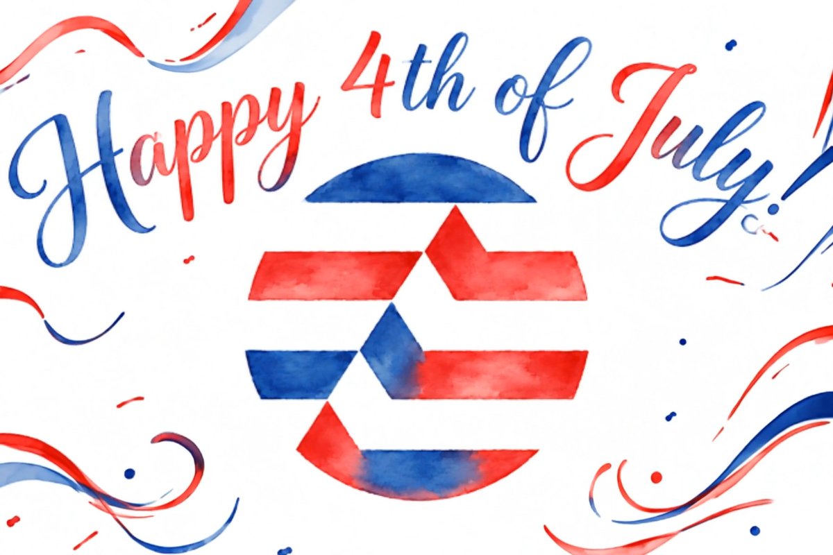 A watercolor illustration features the cursive text "Happy 4th of July!" above a red, white, and blue star-striped circular design, fitting the festive Fourth of July greeting for Aptos.