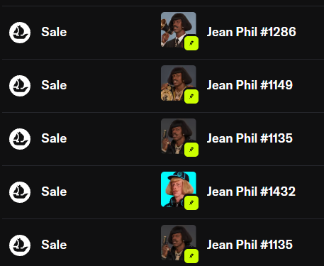 A marketplace listing showing multiple 'Jean Phil' NFT items for sale, including #1286, #1149, #1135, #1432, and another #1135.