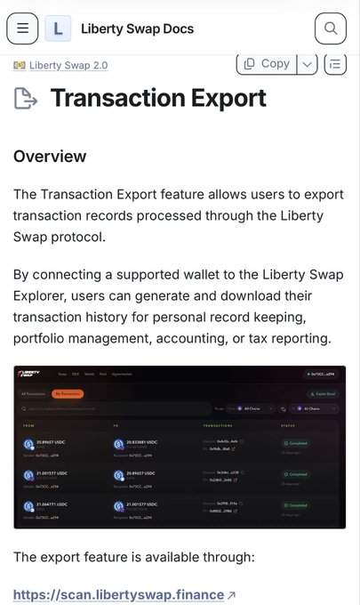 The image displays a Liberty Swap Docs article titled "Transaction Export," which explains how users can connect a supported wallet to the Liberty Swap Explorer to download their transaction history for record-keeping, accounting, or tax purposes, with the feature accessible at scan.libertyswap.finance.

This relates to the post about adding short videos to documentation articles, as the screenshot showcases one of these enhanced product guides—making it easier for users to understand and use features like Transaction Export on PulseChain.